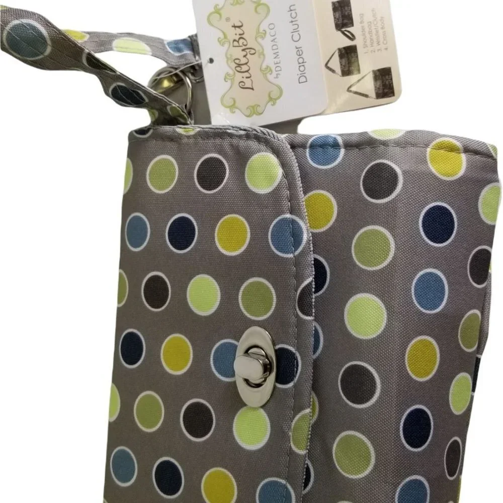 Lilly Bit Diaper Bag Baby Messenger Bag Crossbody Purse Pack Gray Green Dot NWT
